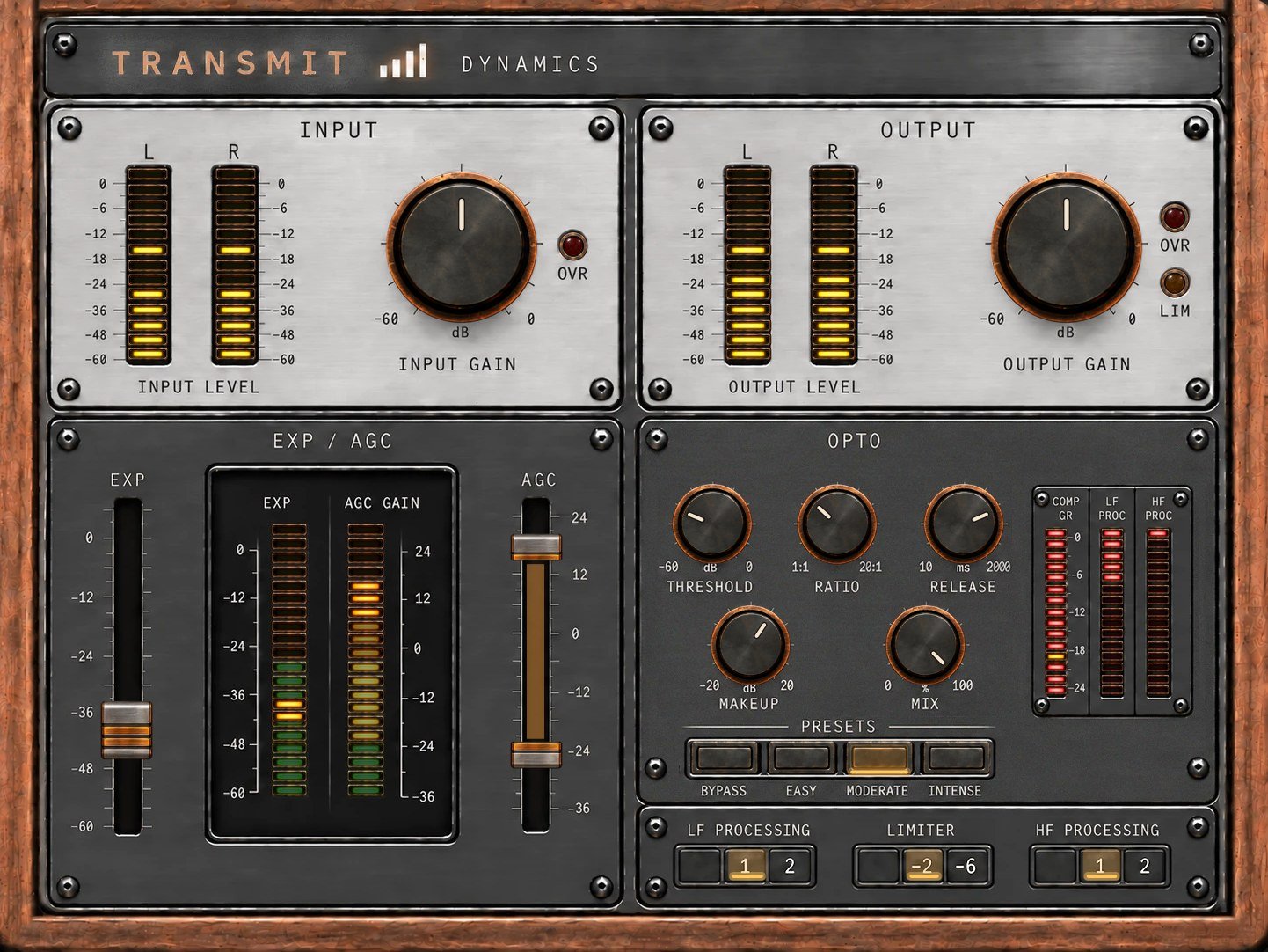 TRANSMIT Dynamics panel: input and output meters, expander and AGC faders, opto compressor with threshold, ratio, release, makeup and mix, LF and HF processing and limiter switches