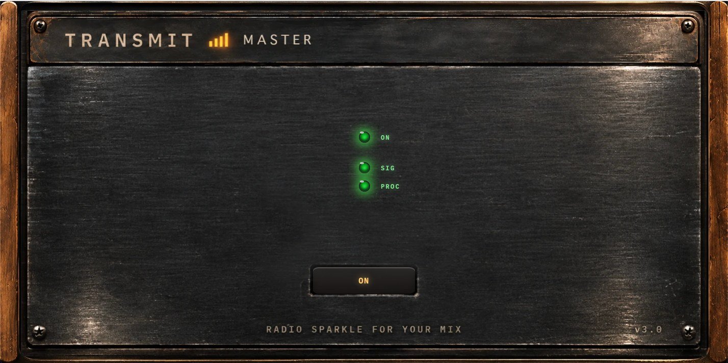 TRANSMIT Master panel: ON, SIG and PROC lamps and a single ON switch